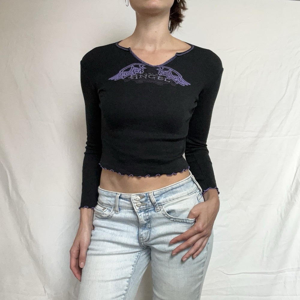 Y2K Harley Davison Cropped Baby Tee Angel Purple Black Long Sleeve Grunge 2000s